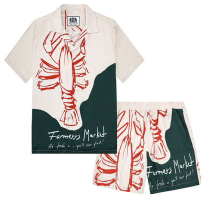 Forest Green Lobsters Pattern Short Sleeve Camp Collar Shirt