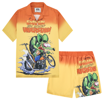 Mouse Riding Motorcycle Print Camp Collar Short Sleeve Shirt For Men