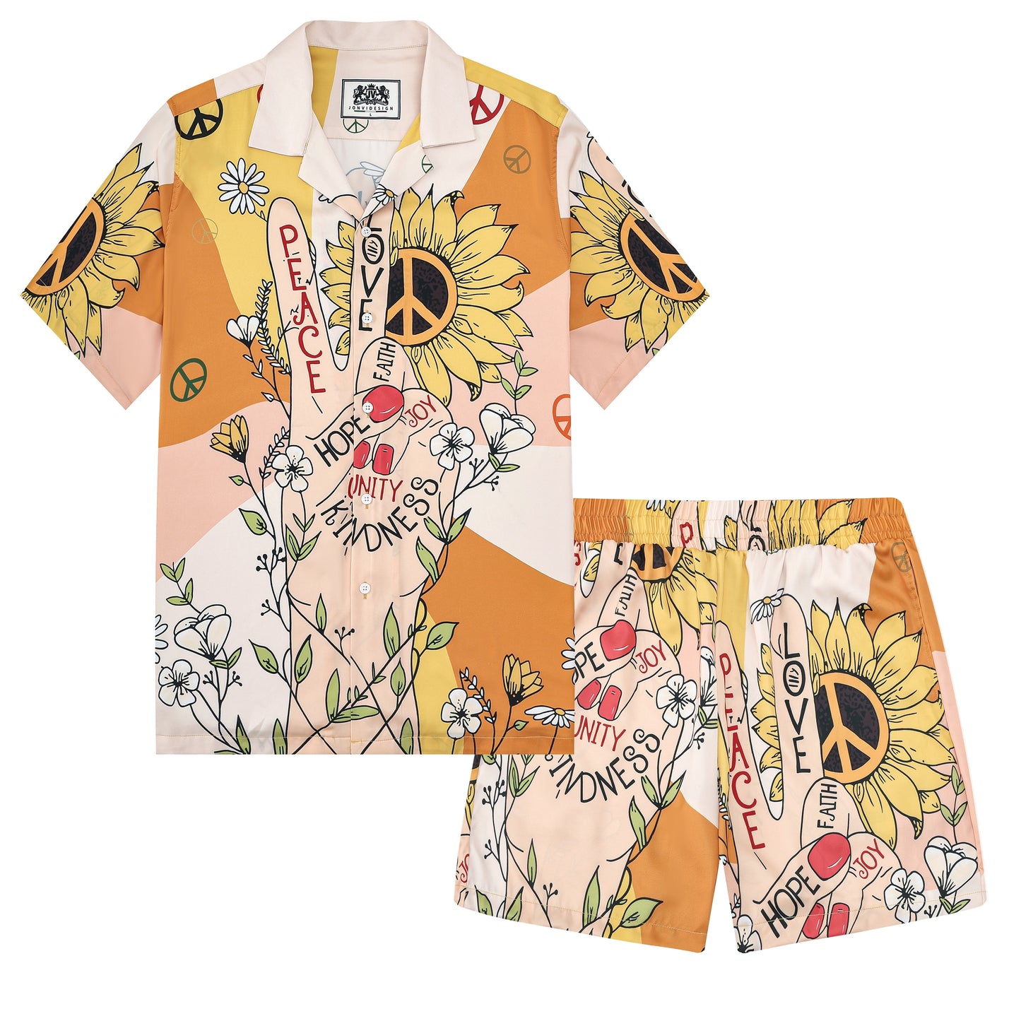 Peace And Love Sunflower Pattern Short Sleeve Camp Collar Shirt