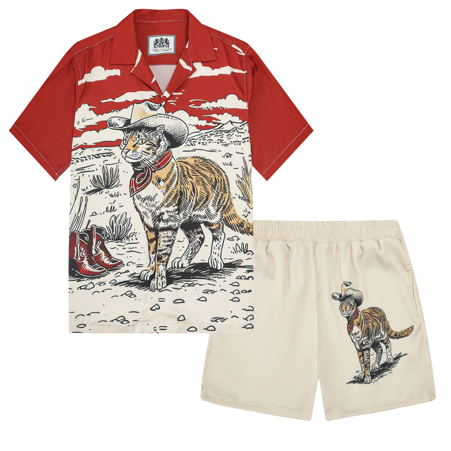 Western Cowboy Cat Print Camp Collar Short Sleeve Shirt