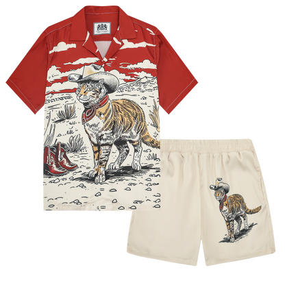 Western Cowboy Cat Print Camp Collar Short Sleeve Shirt