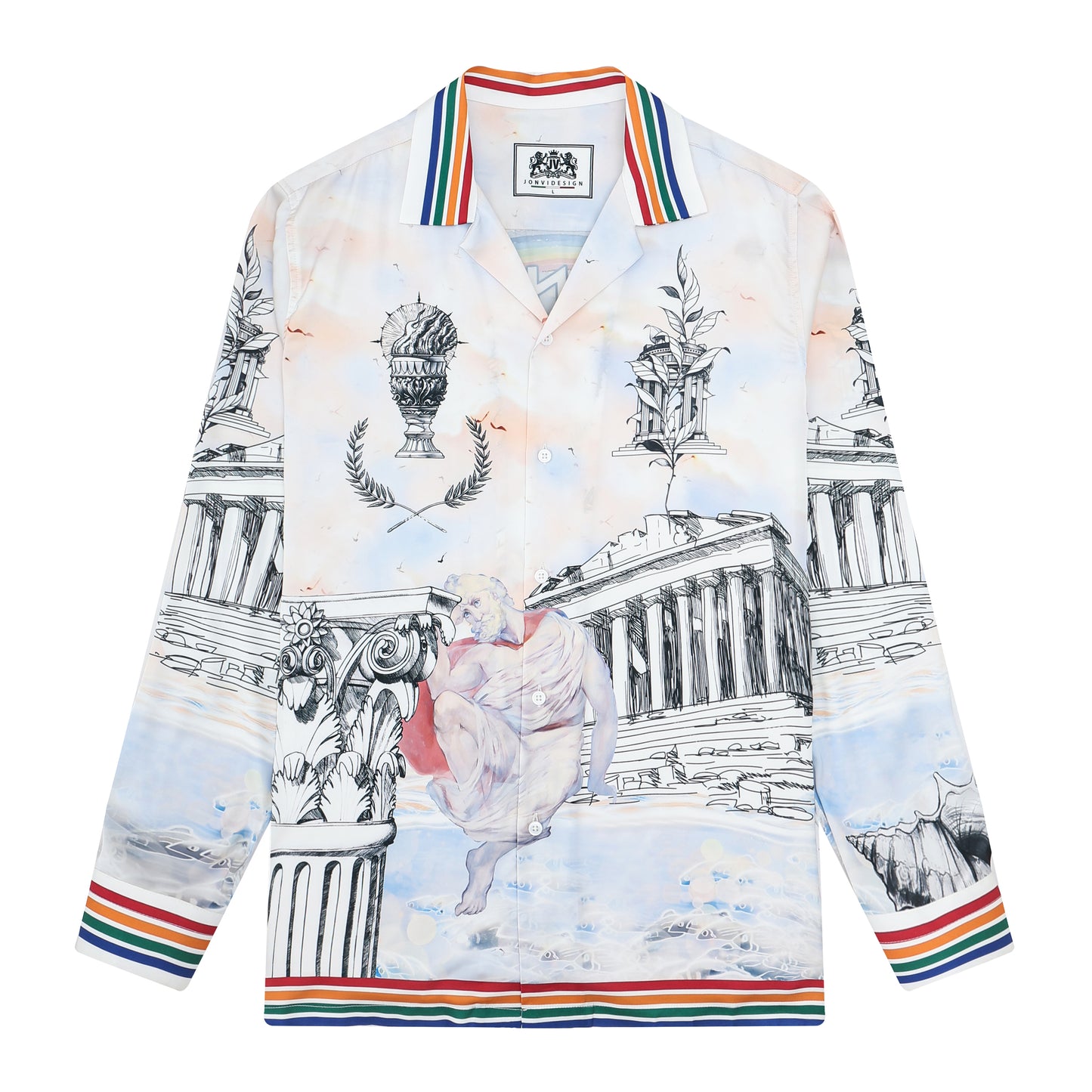 Greek Temple Print Long Sleeve Camp Collar Shirt