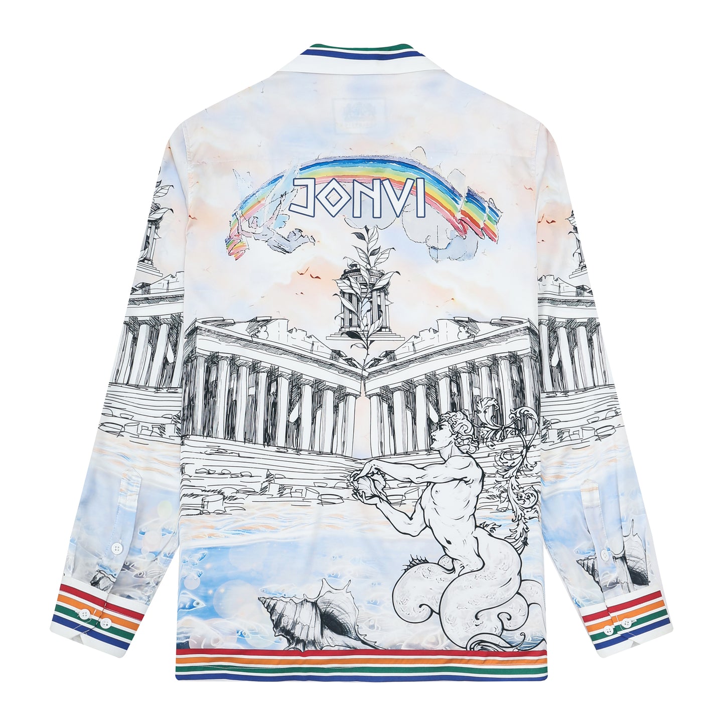 Greek Temple Print Long Sleeve Camp Collar Shirt