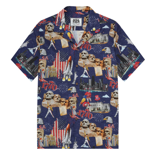 1950s Mount Rushmore Pattern Camp Collar Short Sleeve Shirt