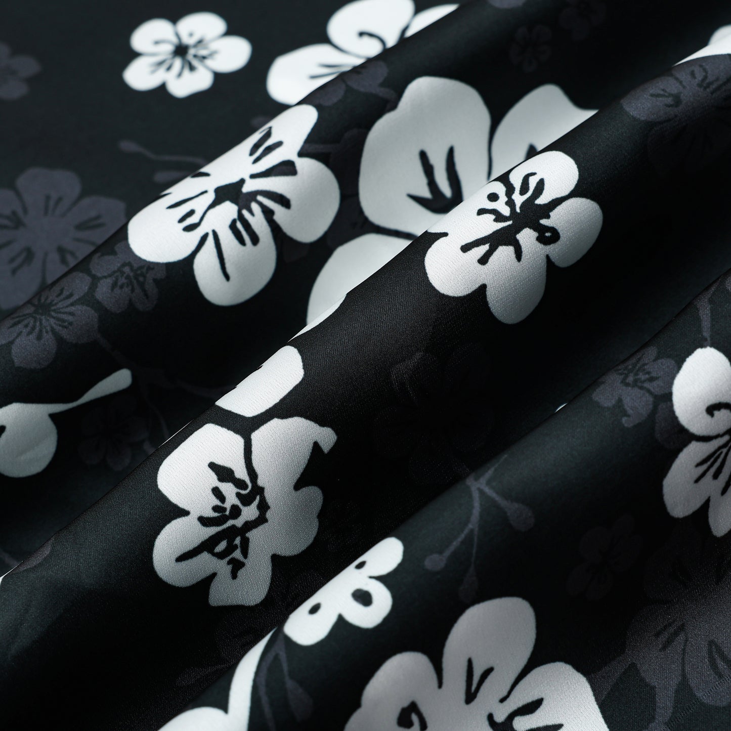 White Plum Blossom Print On Black Background Camp Collar Short Sleeve Shirt