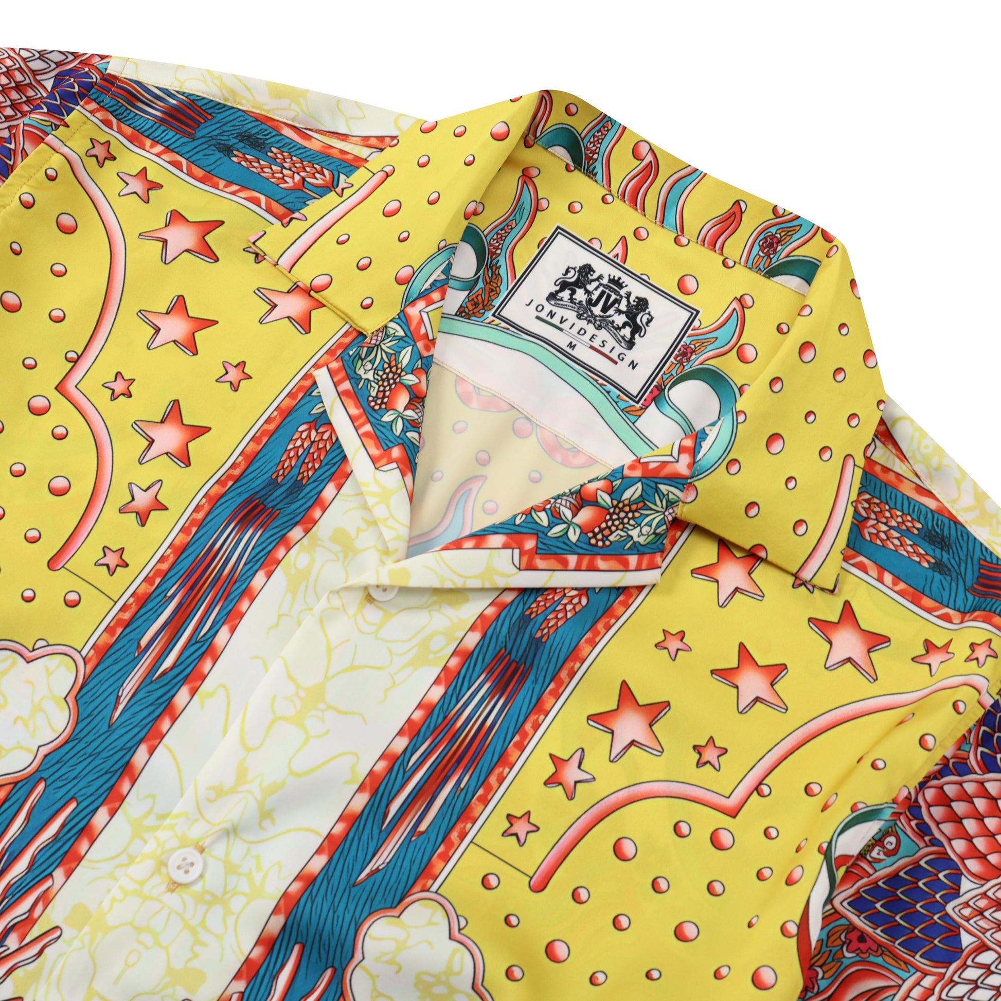 Yellow Star and Moon Pattern Camp Collar Shirt Jonvidesign