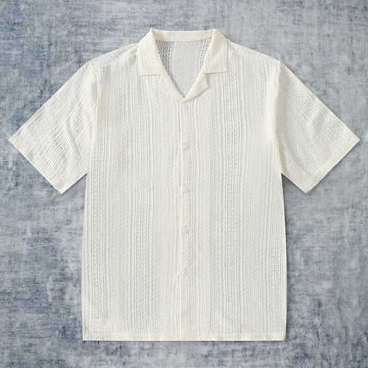 Beige Lace Vintage Textured Camp Collar Shirt