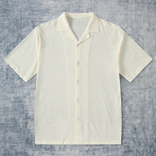 Beige Lace Textured Camp Collar Short Sleeve Shirt