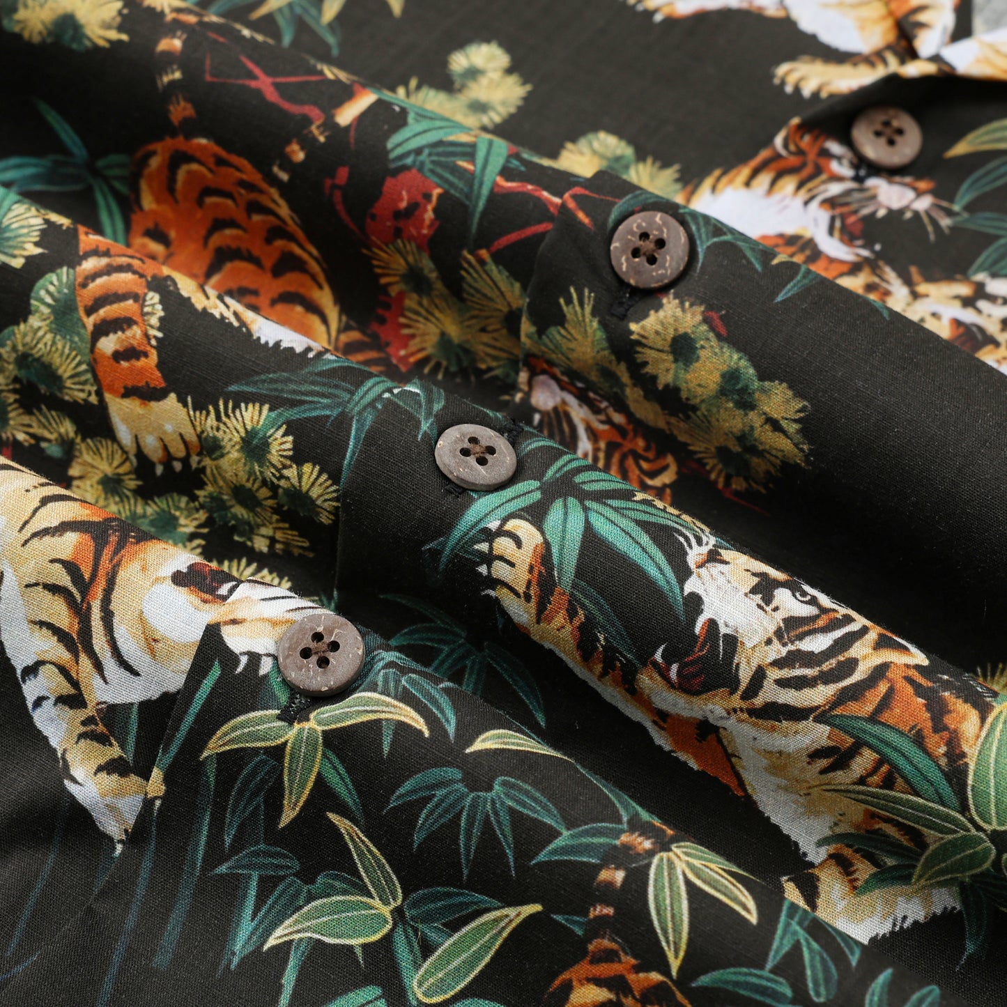 Ukiyo-e Bamboo Tiger Printed Camp Collar Short Sleeve Shirt