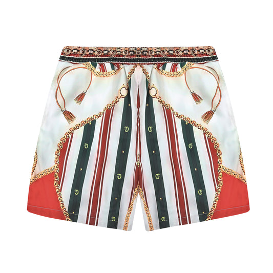 Vintage Red Green Chain Pattern Waistband Shorts