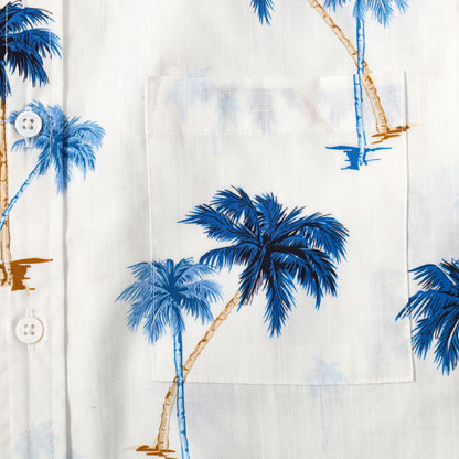 Blue Palm Tree Pattern Button Short Sleeve Shirt