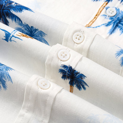 Blue Palm Tree Pattern Button Short Sleeve Shirt