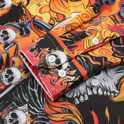 Halloween Ghost Rider Skull Placket Long Sleeve Vacation Shirt