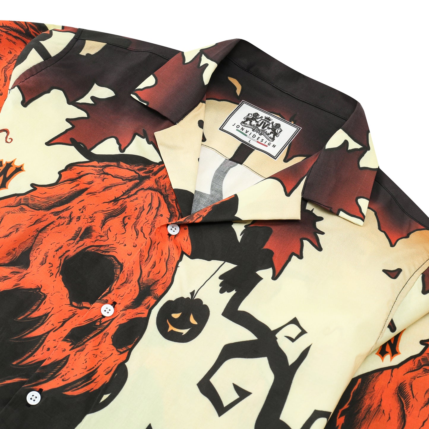 Halloween Pumpkin Ghost Print Long Sleeve Camp Collar Shirt