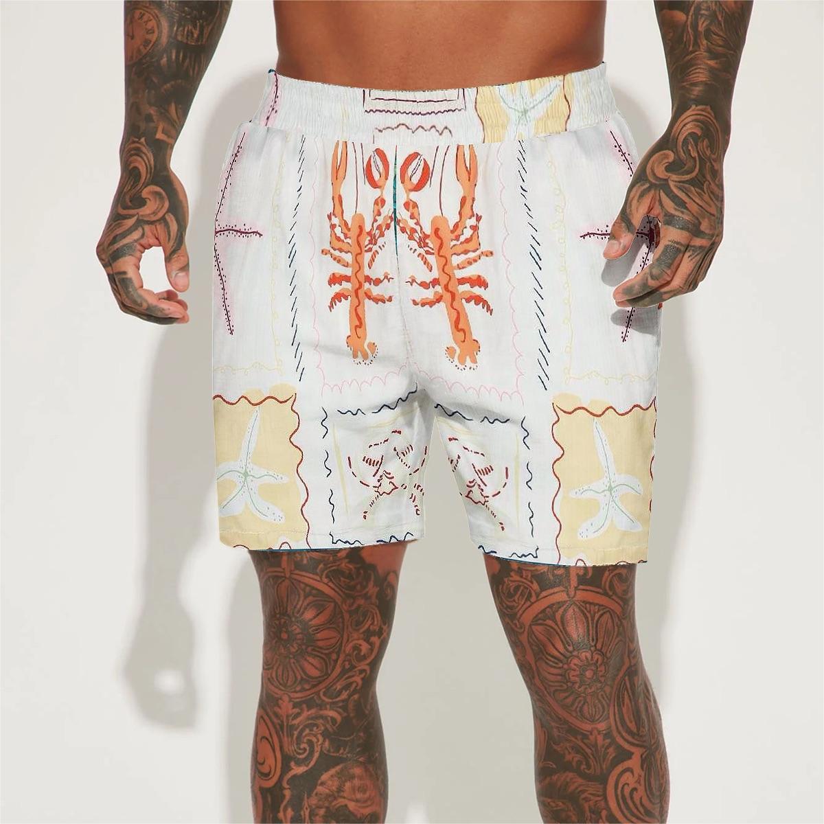 Aloha Style Lobster Pattern Silk Fiber Waistband Shorts