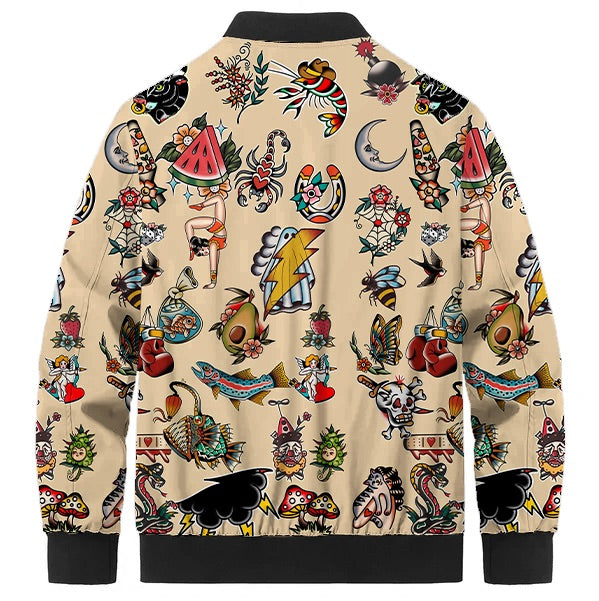 Vintage Tattoo Motif Print Quilted Lined Bomber Jacket