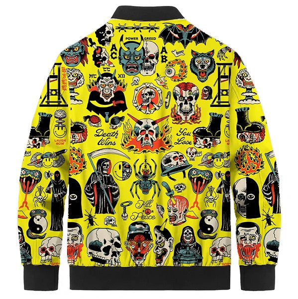Dark Skull Demon Print Quilted Lined Bomber Jacket