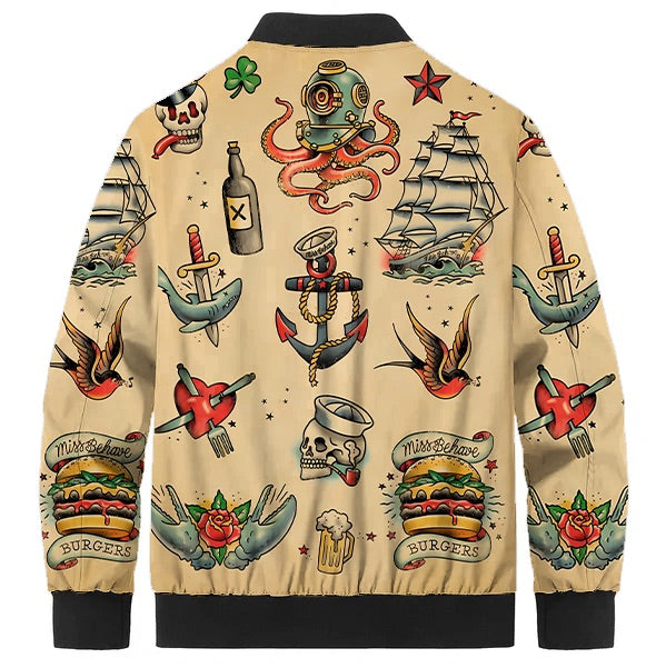 Vintage Nautical Tattoo Print Quilted Lined Bomber Jacket