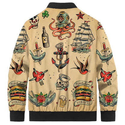 Vintage Nautical Tattoo Print Quilted Lined Bomber Jacket