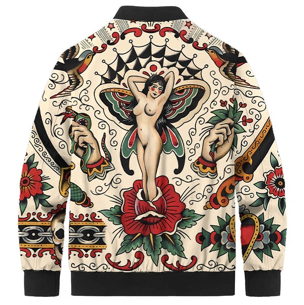 Vintage Tattoo Butterfly Print Quilted Lined Bomber Jacket