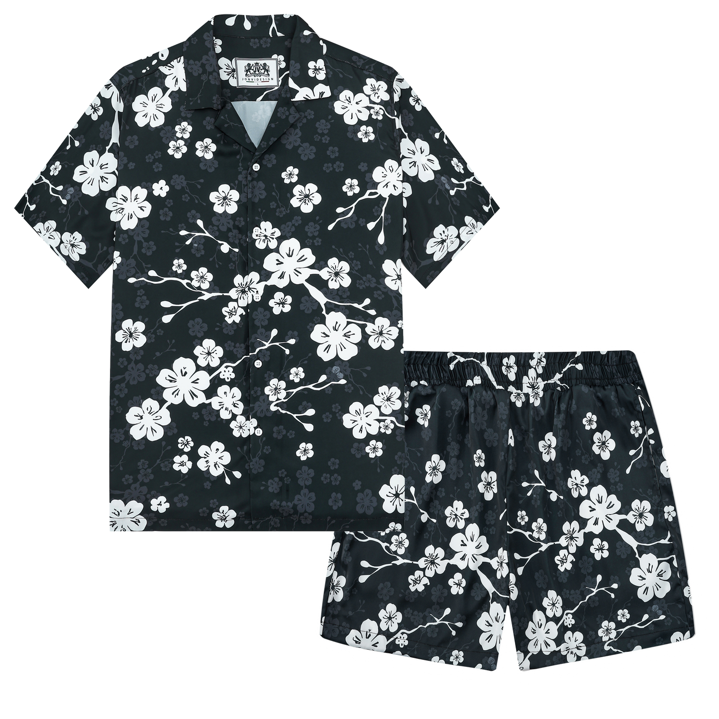 White Plum Blossom Print On Black Background Camp Collar Short Sleeve Shirt