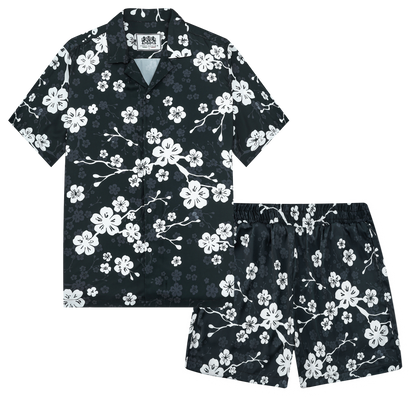 White Plum Blossom Print On Black Background Camp Collar Short Sleeve Shirt