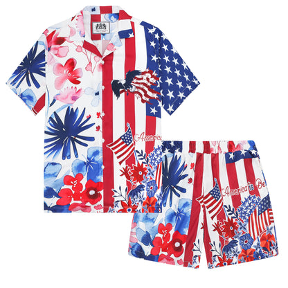 American Flag Floral Pattern Silk Fiber Waistband Shorts