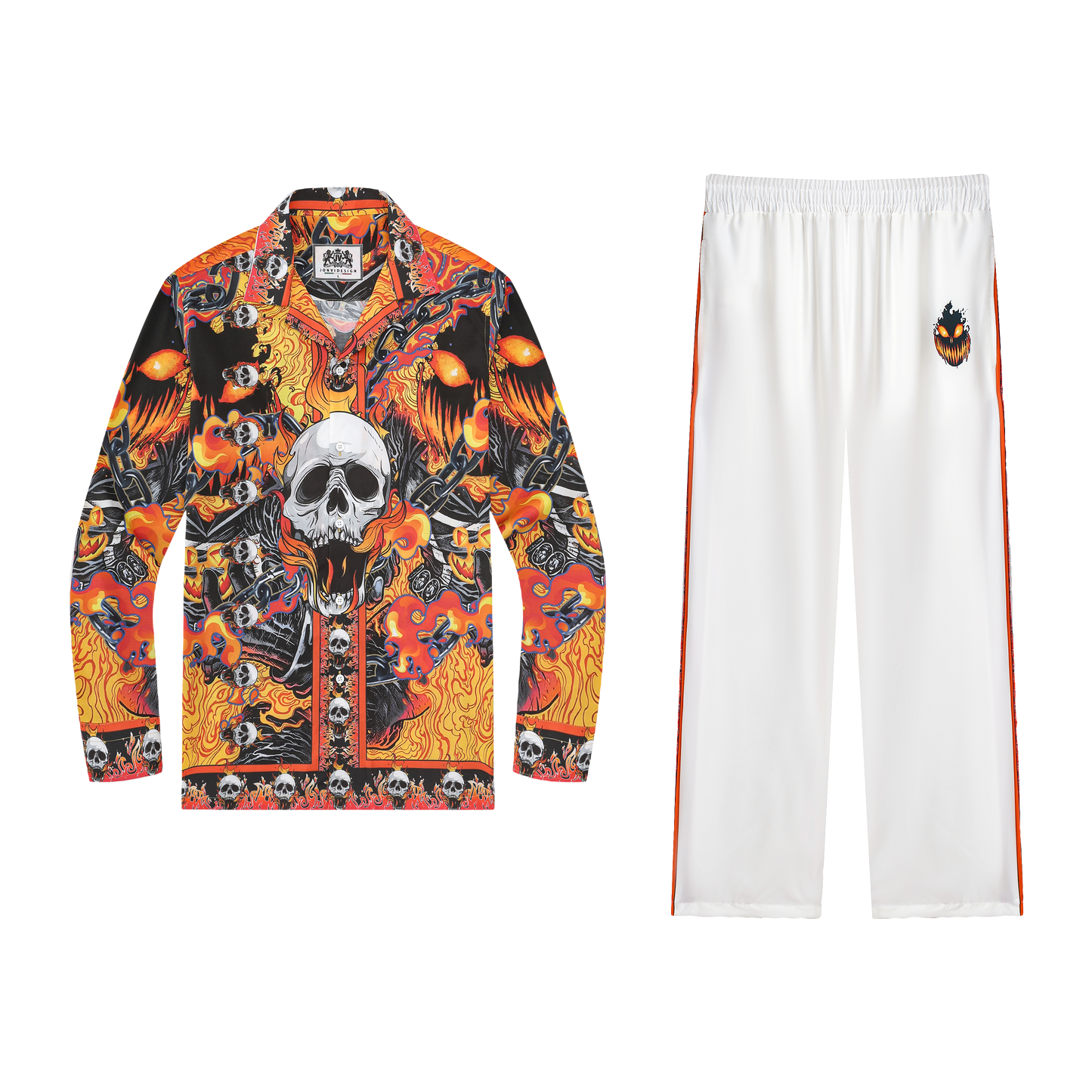 Ghost Rider Halloween Casual Trousers With Elastic Waistband Skull Orange Side Design