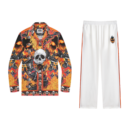 Ghost Rider Halloween Casual Trousers With Elastic Waistband Skull Orange Side Design