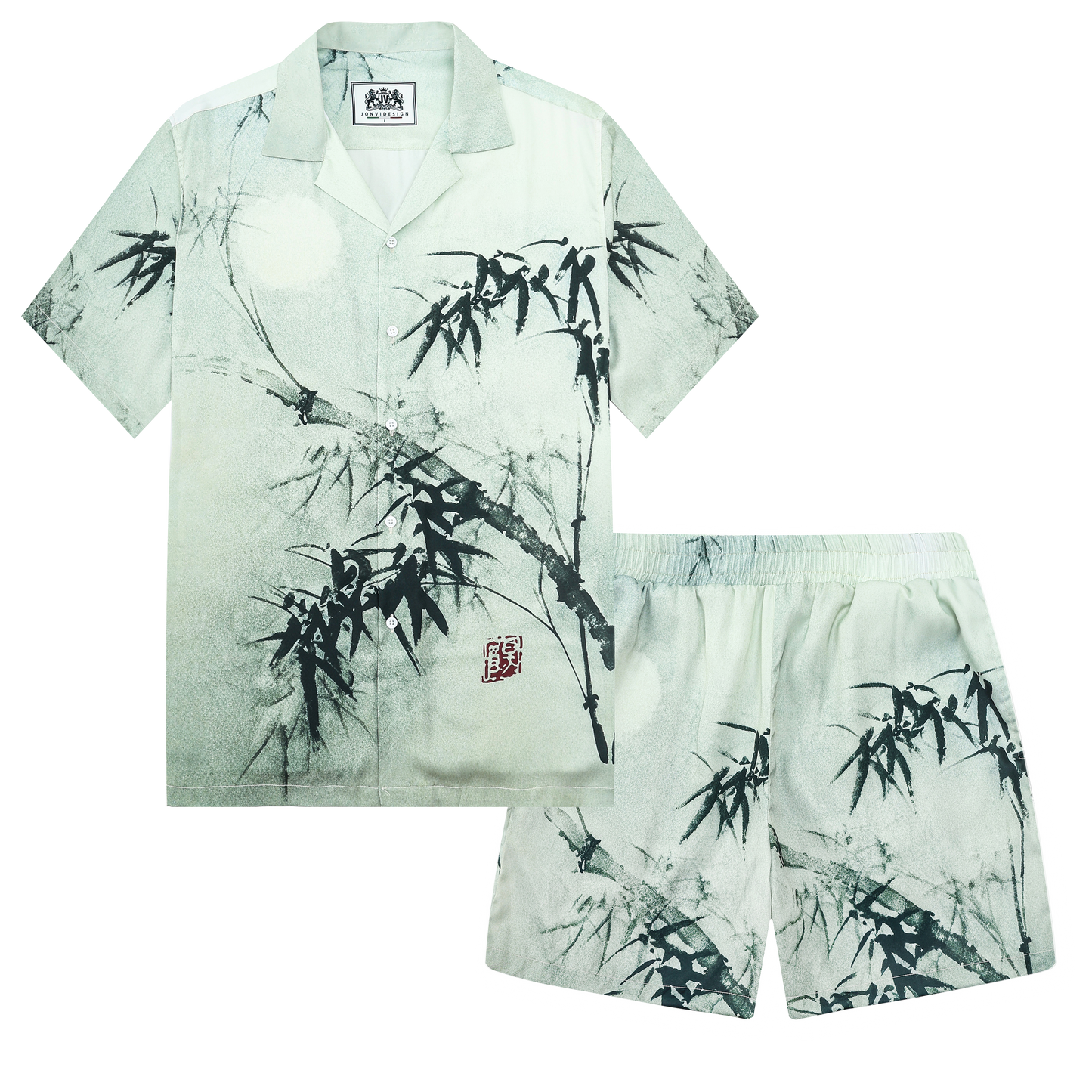 Retro Bamboo Print Design Camp Collar Short Sleeve Shirt