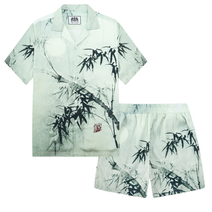 Retro Bamboo Print Design Camp Collar Short Sleeve Shirt