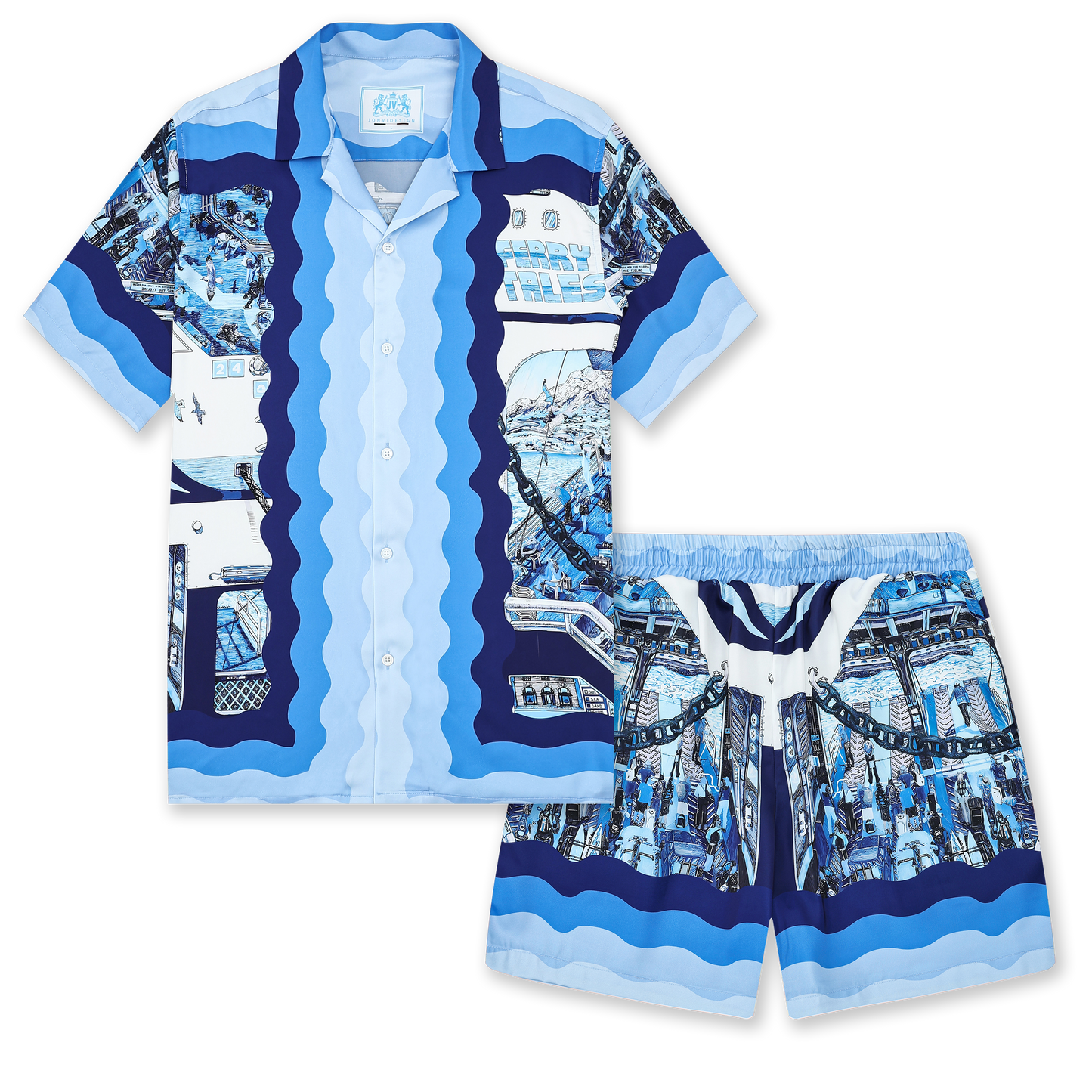 Blue Ferry Pattern Camp Collar Casual Shirt for Men Jonvidesign