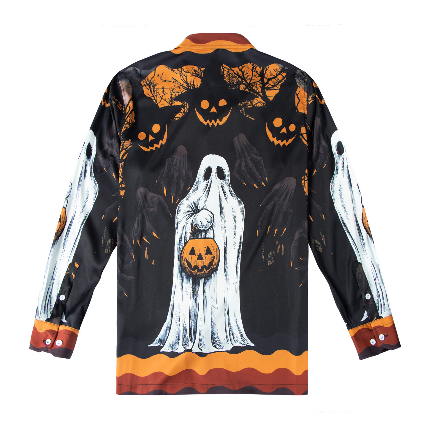 Halloween Horror Ghost And Pumpkin Witches Long Sleeve Camp Collar Shirt