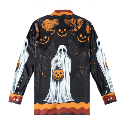 Halloween Horror Ghost And Pumpkin Witches Long Sleeve Camp Collar Shirt