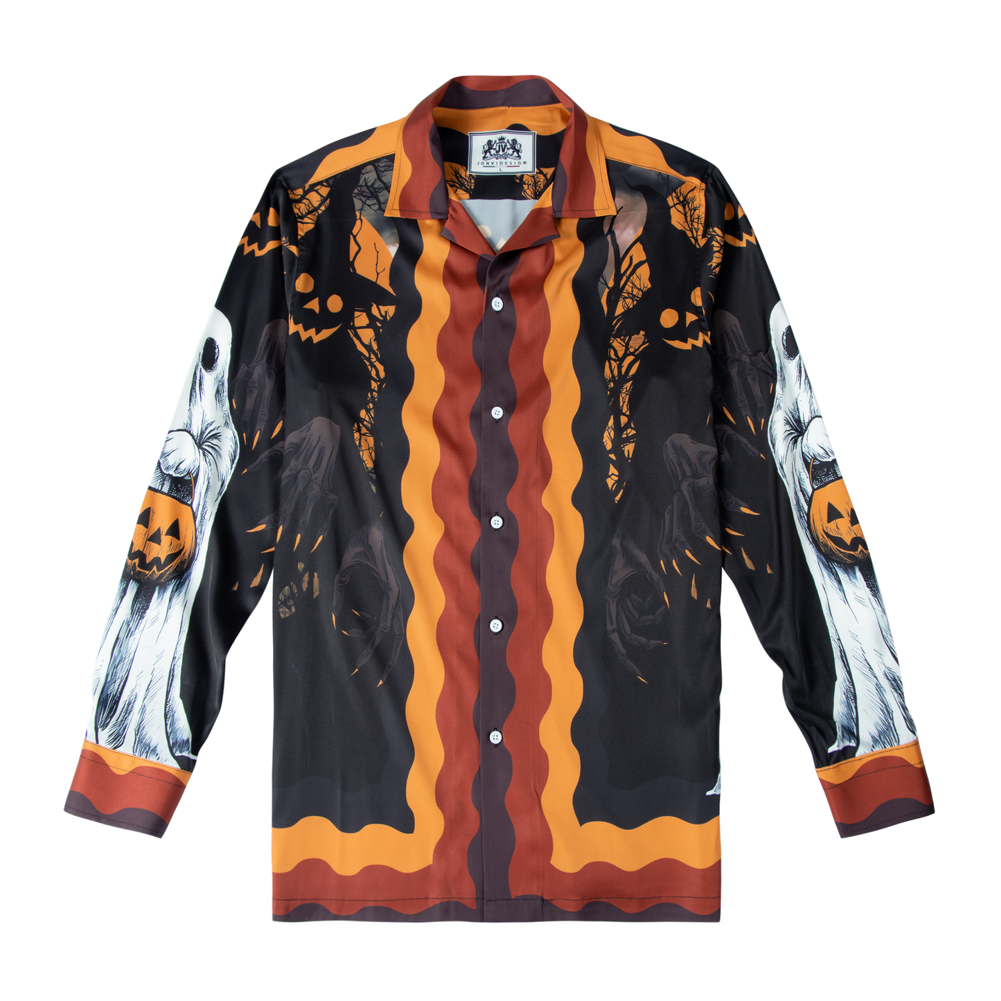 Halloween Horror Ghost And Pumpkin Witches Long Sleeve Camp Collar Shirt