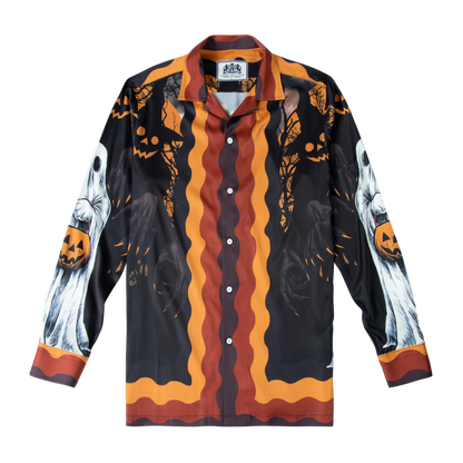 Halloween Horror Ghost And Pumpkin Witches Long Sleeve Camp Collar Shirt