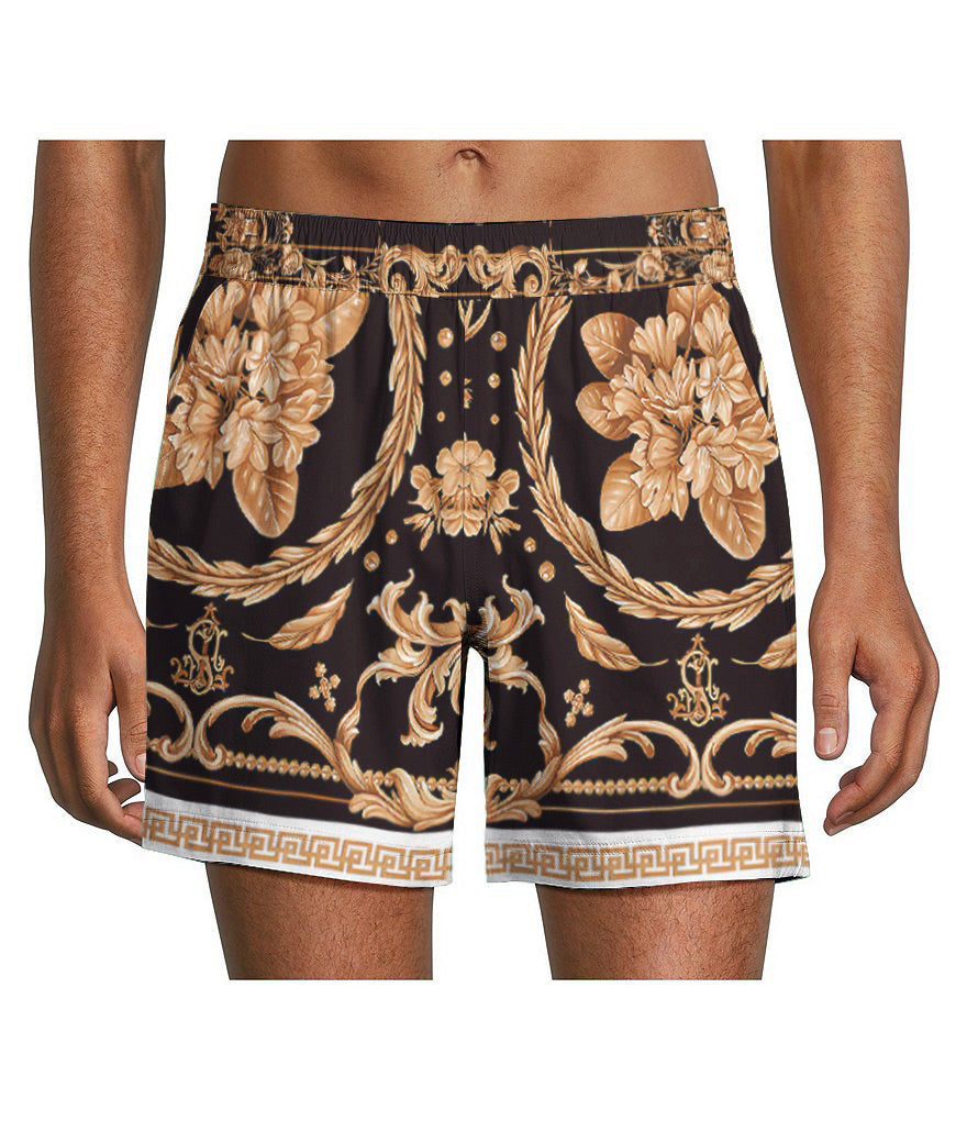 Baroque Pattern Elastic Waistband Casual Shorts