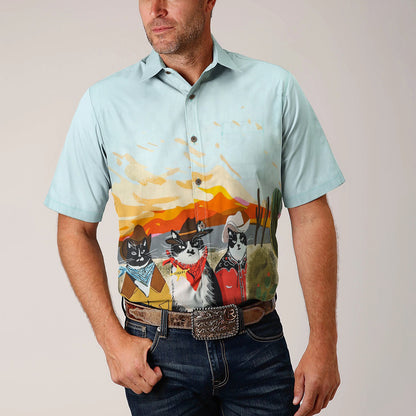 Western Cowboy 3 Cats Pattern Short Sleeve Shirt