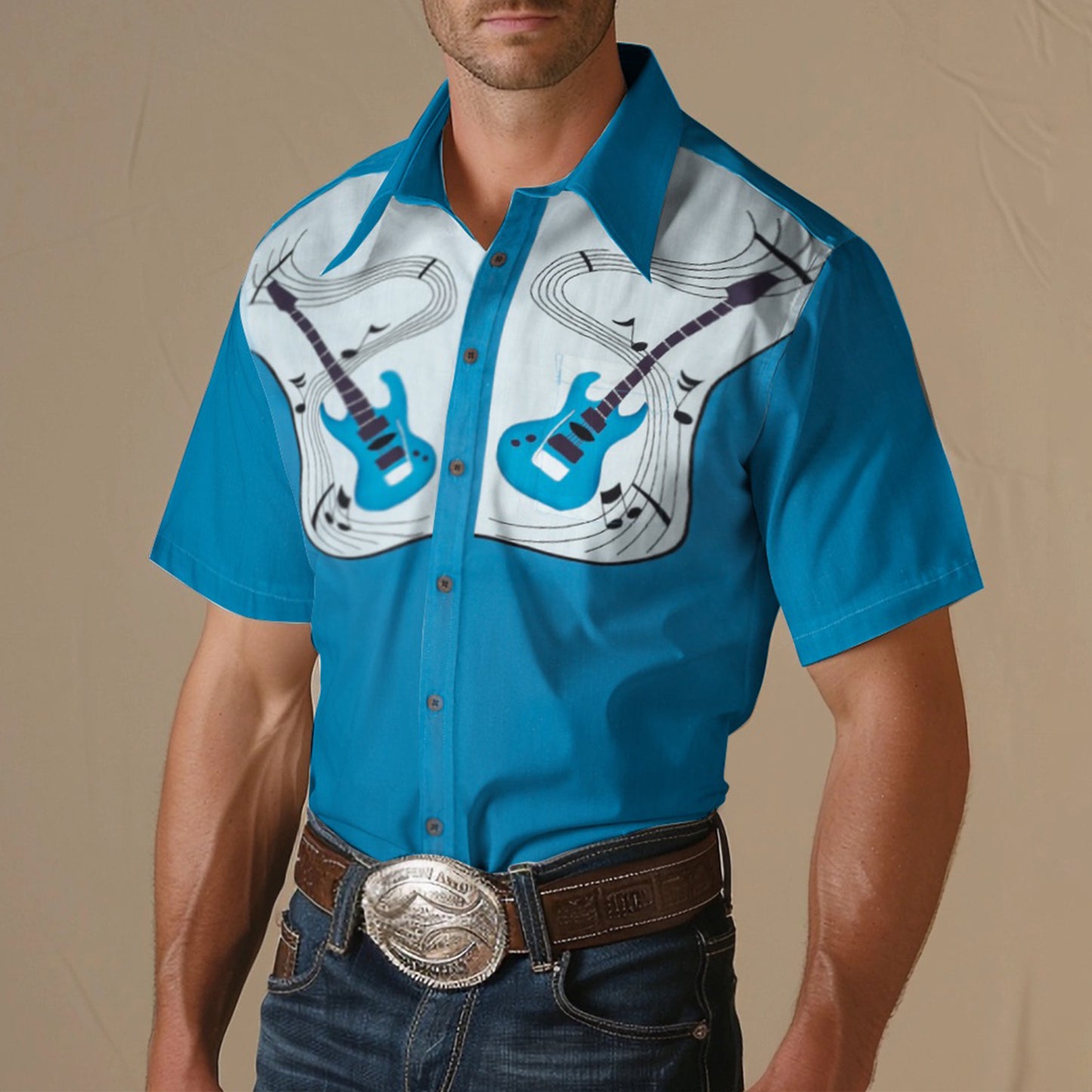 Guitar Pattern Cowboy Outfit Short Sleeve Shirt for Men