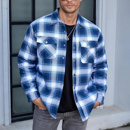 Long Sleeve Quilted Lined Plaid Flannel Shirt Jacket - Blue White