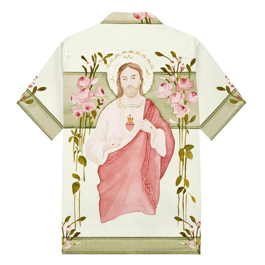 Jesus Portrait Print Camp Collar Short Sleeve Shirt