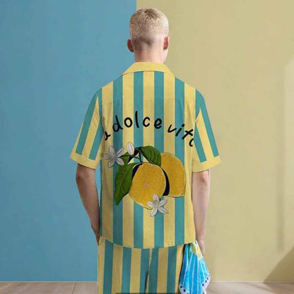 Striped Lemon Fruit And Lemon Flower Pattern Elastic Waistband Summer Casual Shorts