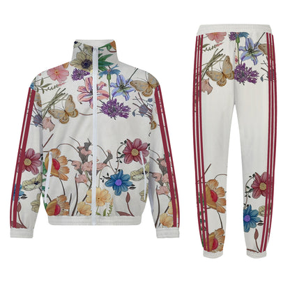 Butterfly Floral Print Casual Sports Suit Zip Up Track Suit Top