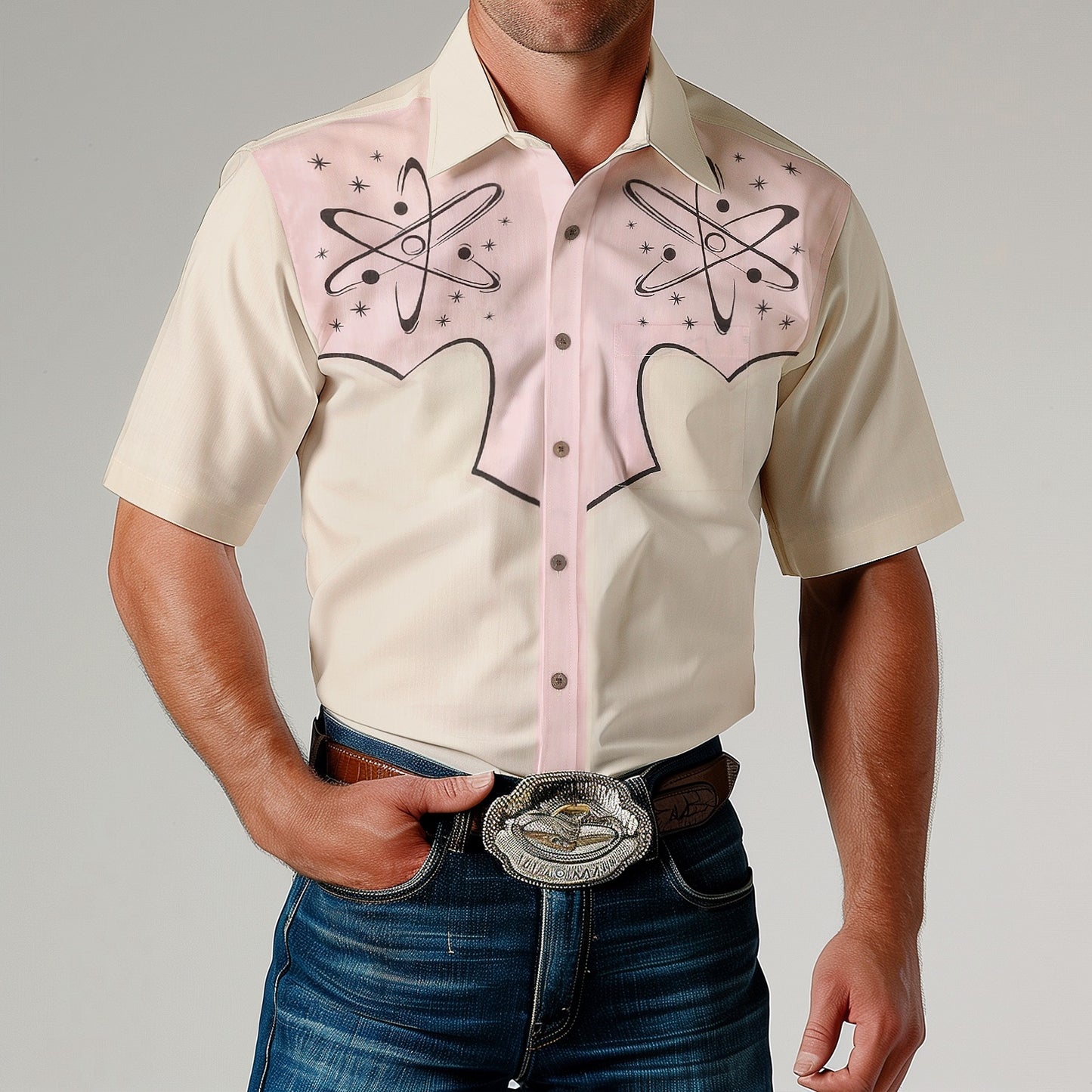 Star Planet Pattern Western Wear Short Sleeve Shirt for Men