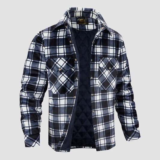 Long Sleeve Quilted Lined Plaid Flannel Shirt Jacket - Black