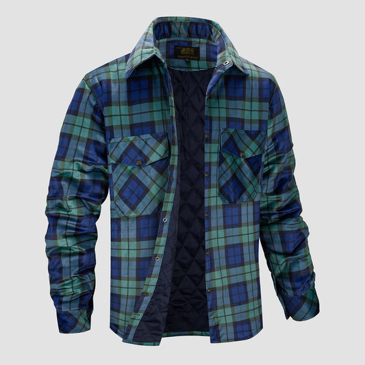 Long Sleeve Quilted Lined Plaid Flannel Shirt Jacket - Green