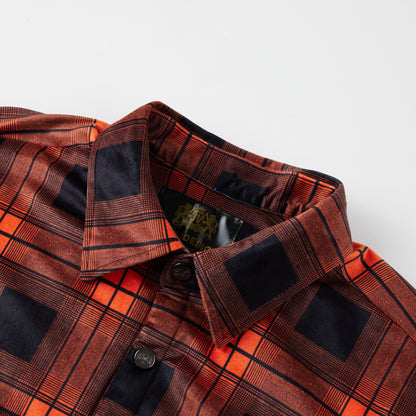 Flannel Plaid Button Shirt Lumber Jacket - Orange