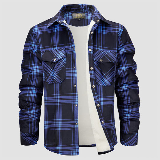 Flannel Plaid Button Shirt Lumber Jacket - Grey Blue