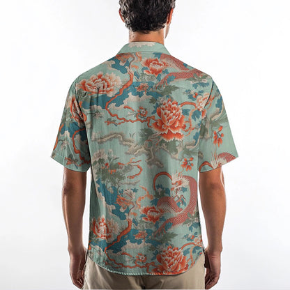 Ukiyo-e Gragon Floral Pattern Camp Collar Short Sleeve Shirt