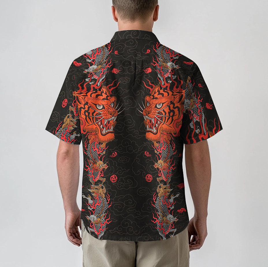 Dragon Tiger Pattern Button Camp Collar Short Sleeve Shirt